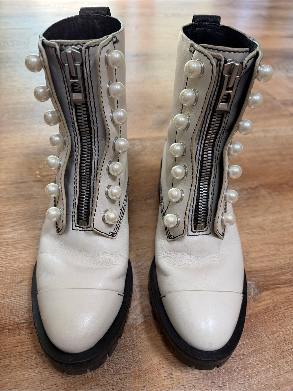 3.1 Phillip Lin Pearl-Embellished White Leather Ankle Boots